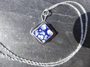 Vintage Blue Flowered Pottery Shard & Silver Pendant by Reclaimed in Silver