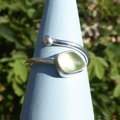 Pale Green Sea Glass & Silver Wrap-Around Ring - £52