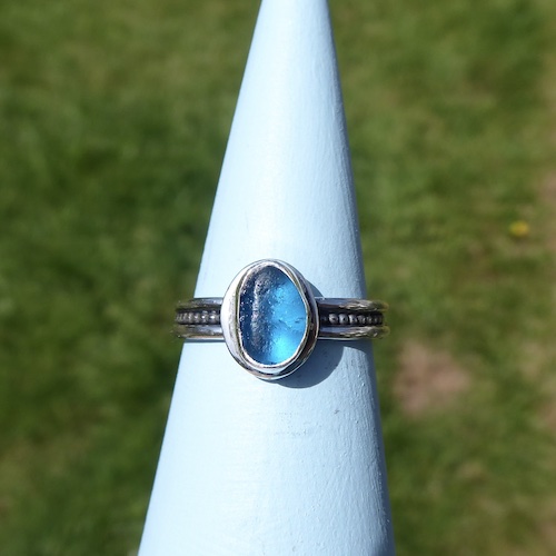 Turquoise Seaham Sea Glass & Silver Wire Ring - £52