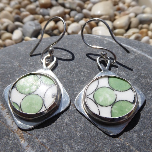 Art Deco Pottery Shard and Silver Dangle Earrings made by Reclaimed in Silver