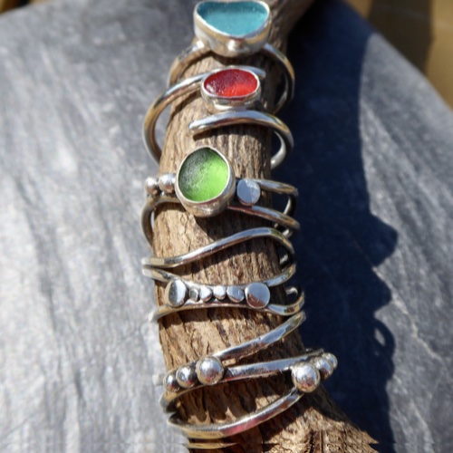 Coloured Sea Glass & Silver Rings by Reclaimed in Silver