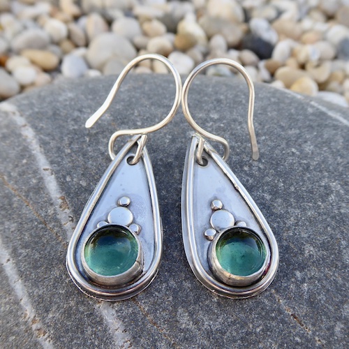Teal Cabochon & Recycled Silver Dangle Earrings made by Reclaimed In Silver