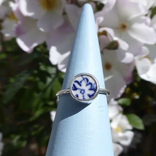 Vintage Pottery Flower & Silver Ring