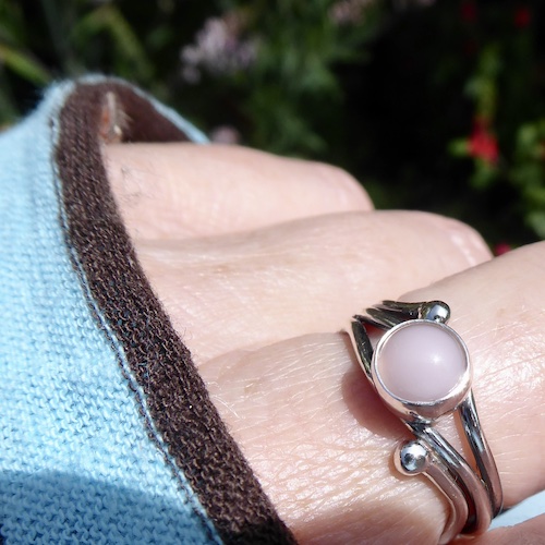 Rose Pink Fused Glass & Silver Wire Ring