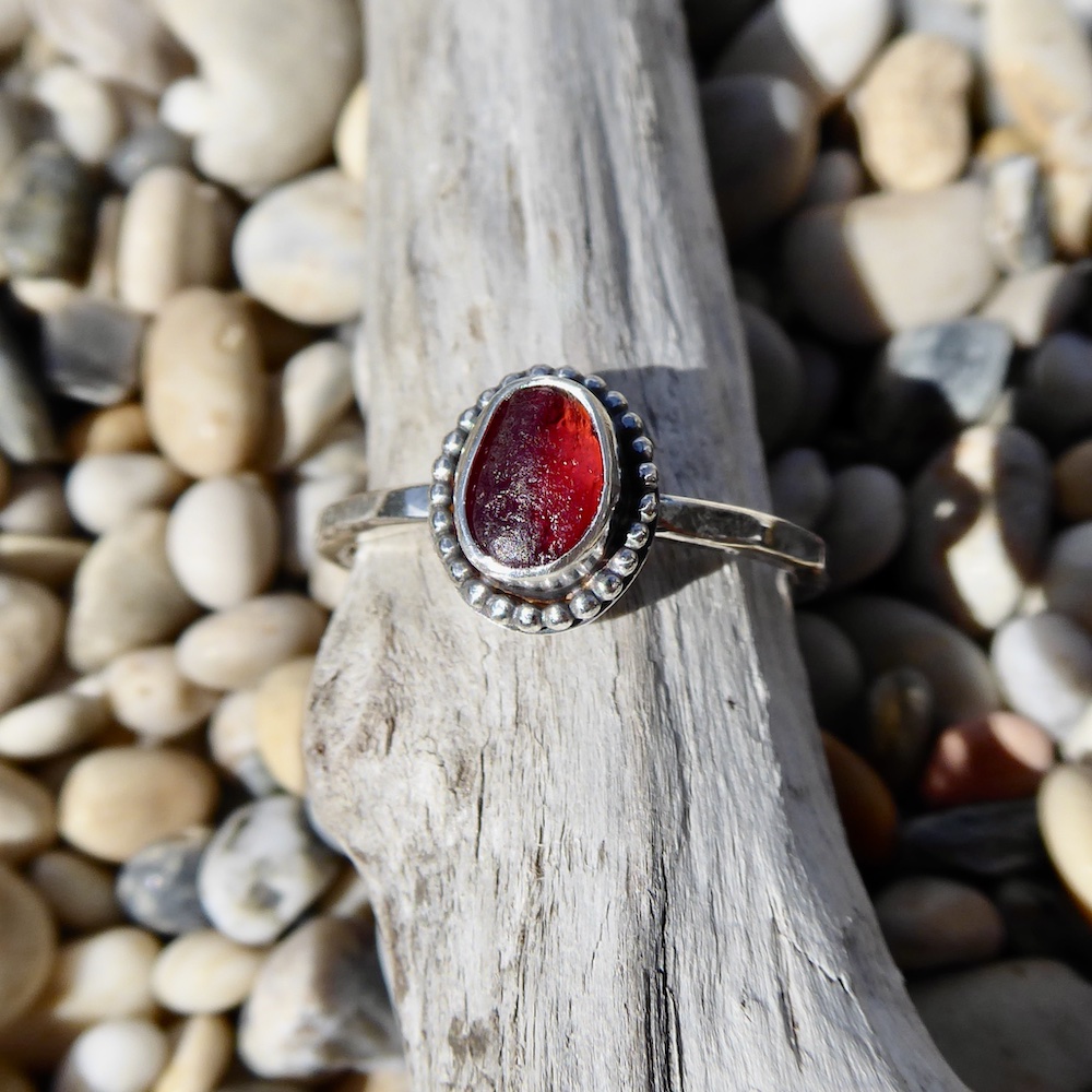 Ruby Red Sea Glass & Recycled Silver Ring by Reclaimed in Silver