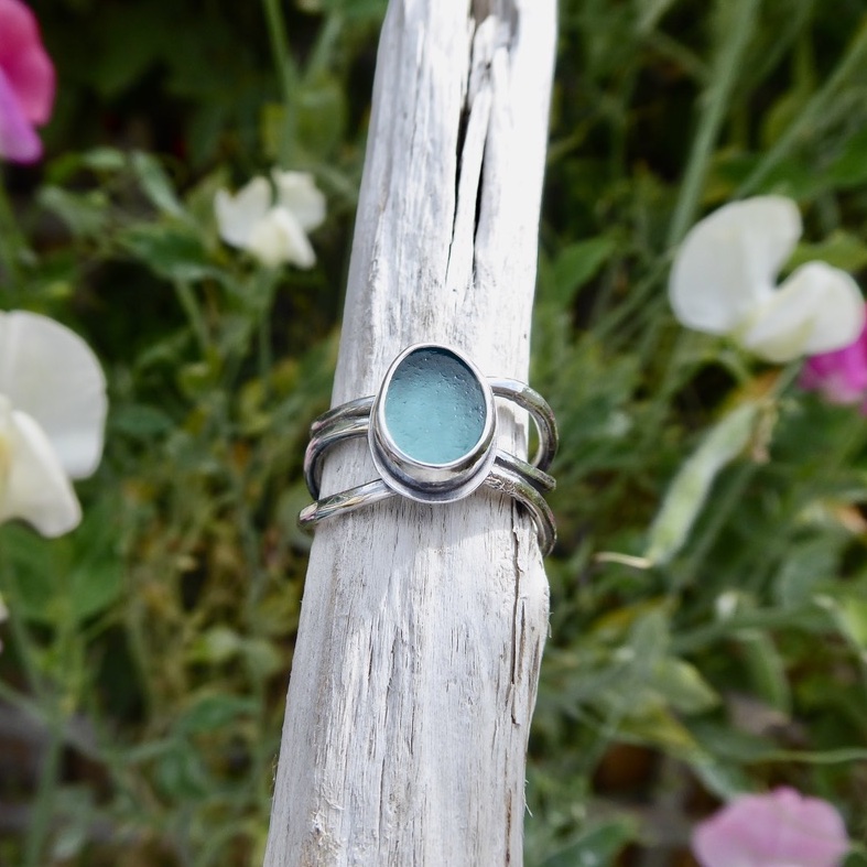Turquoise Sea Glass & Recycled Silver Ring by Reclaimed in Silver September 2026